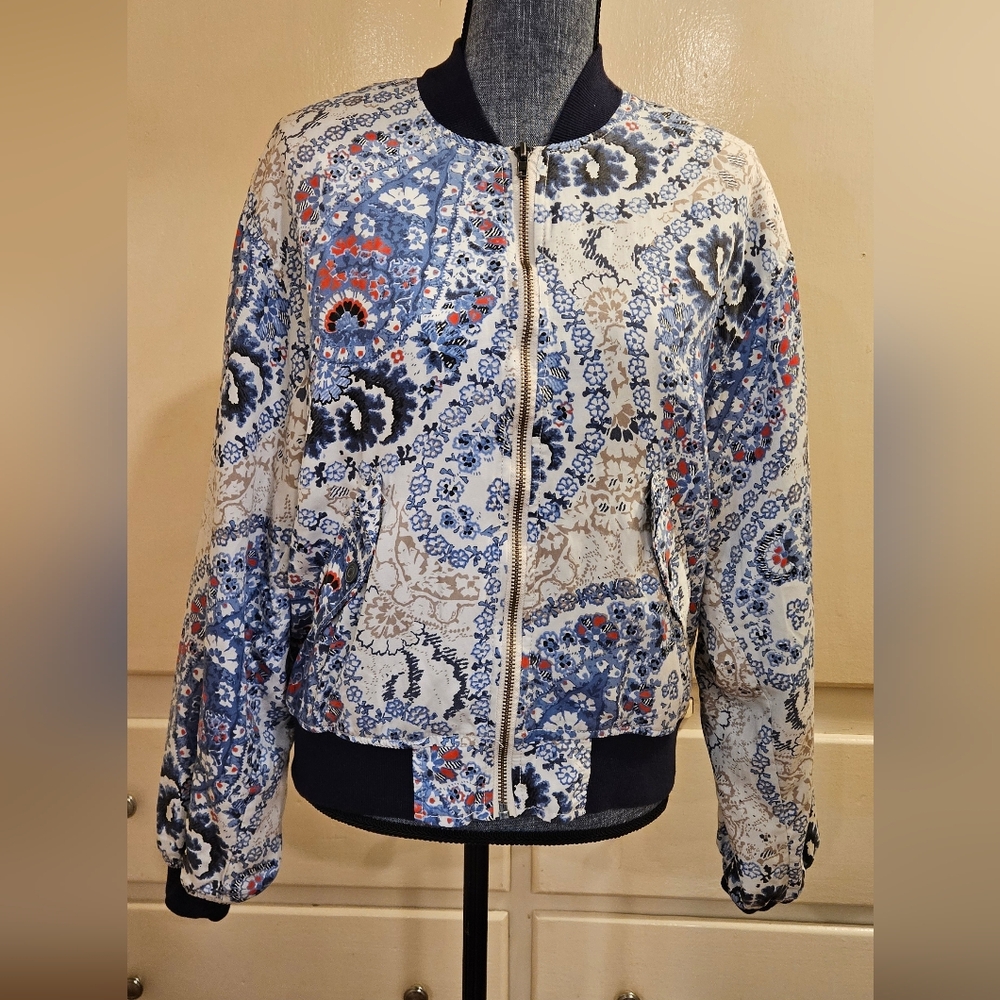 Free People Daytrip Bomber Jacket Blue Floral Paisley Zip Front Small